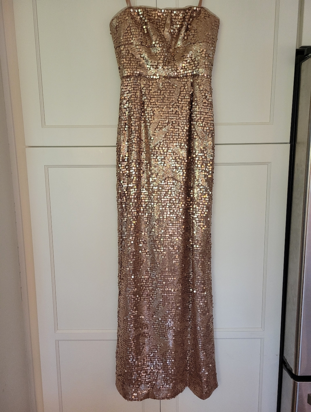 BCBGMaxAzria Strapless Rose Gold Sequin Gown, size 0